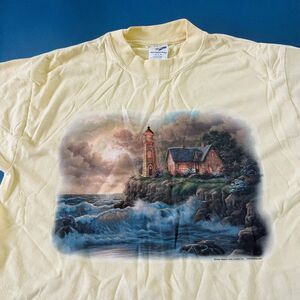 Vtg Jerzees Yellow Lighthouse Sea Cottage Cape Graphic Tee Shirt Top Sz M Medium